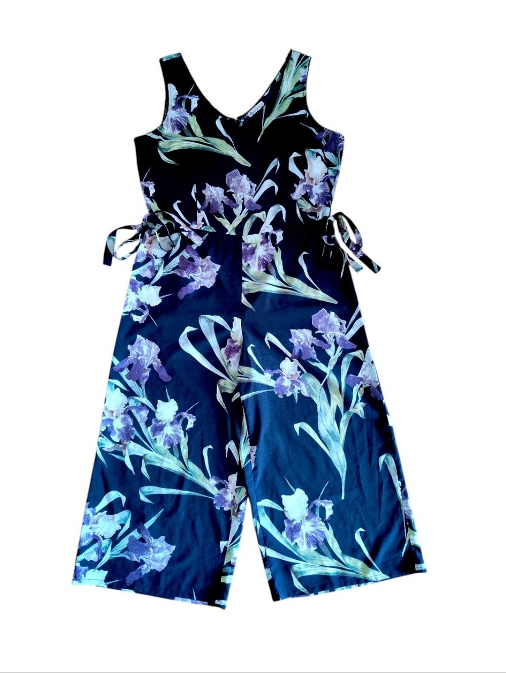 Eliane Rose Navy Floral Sleeveless Side Ties Wide Leg Jumpsuit SZ 10 Wide Leg